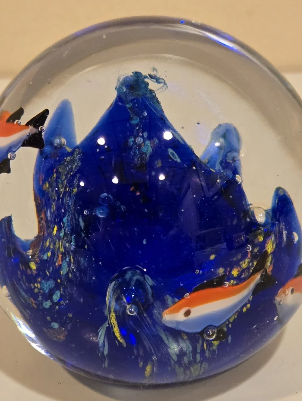 Glass Aquarium Fish Paperweight - Blue with Orange Fish